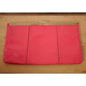 Vintage 50s ETRA Red Leather Grosgrain Lined Brass Clutch Small Purse w/ Chain